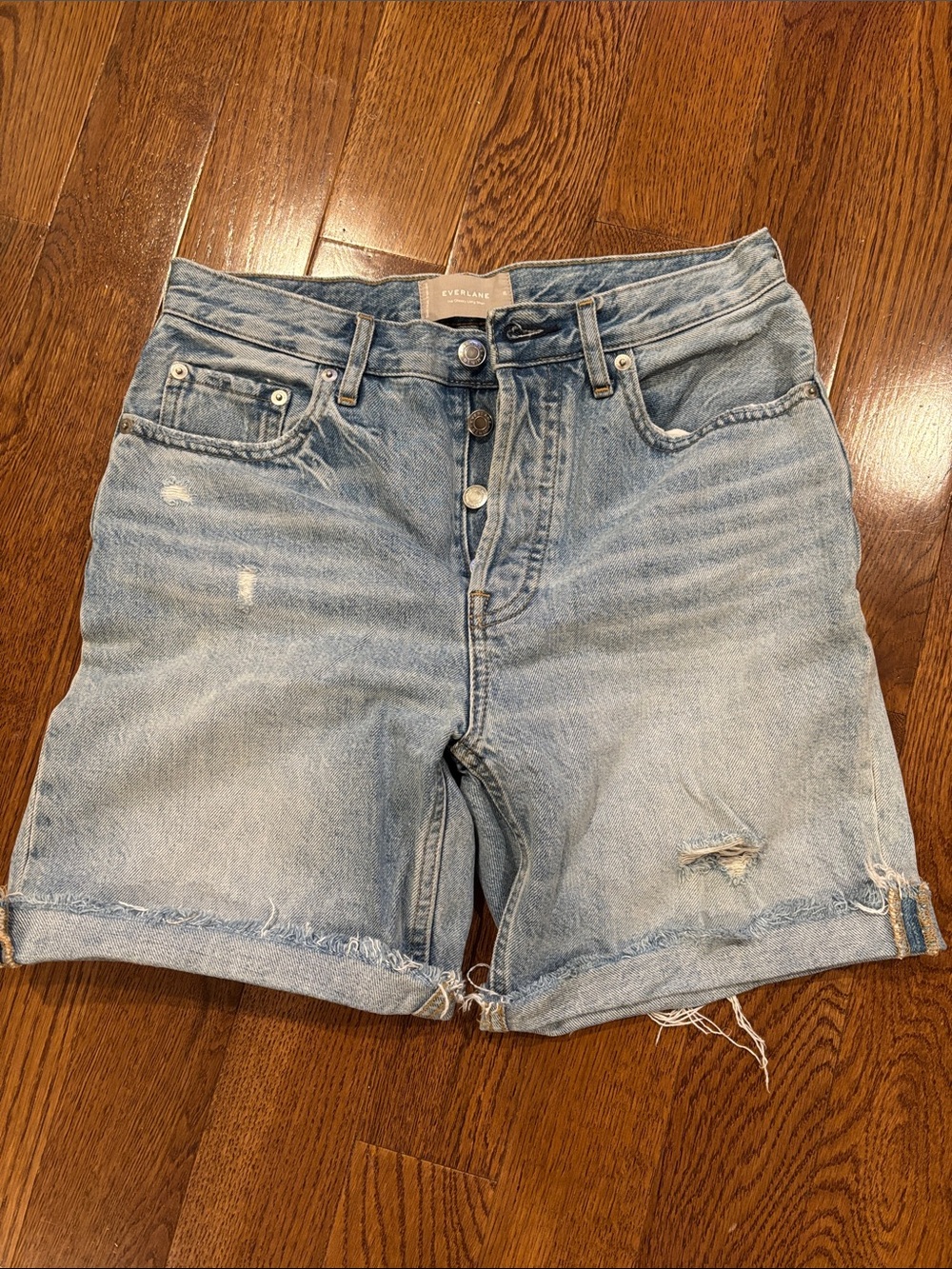 Everlane Light Wash Distressed Denim Shorts